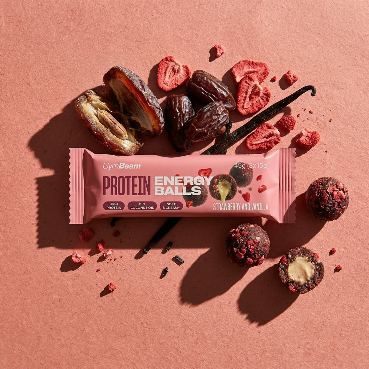 Protein energy balls - Gymbeam 3x15 g - φράουλα και βανίλια - GymBeam
