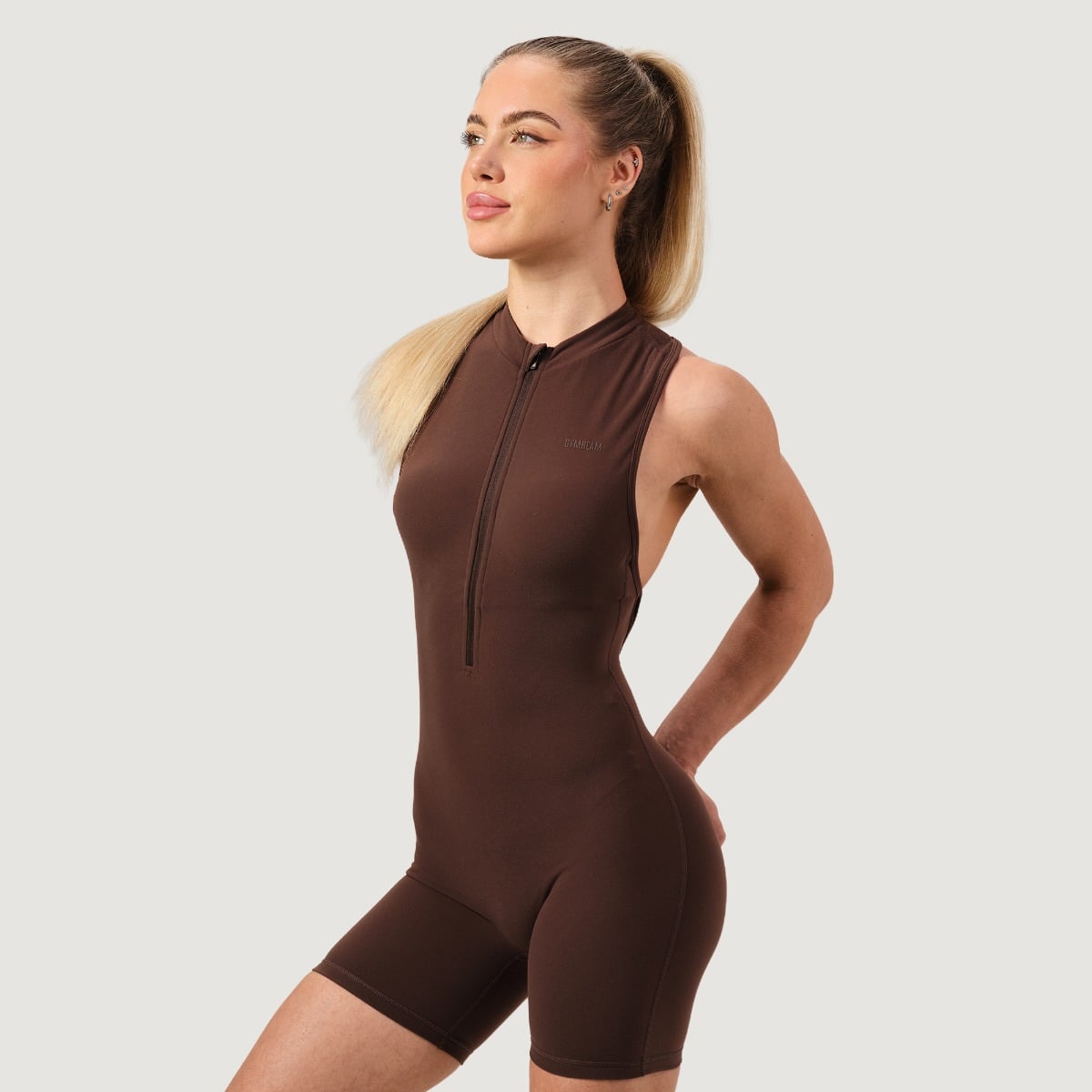 Women‘s NEO Zip-Up Jumpsuit Mocha - GymBeam